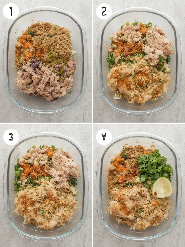 Step-by-step assembly of a meal-prep bowl, showing cooked quinoa, shredded chicken, roasted vegetables, and a dressing being added to a container.