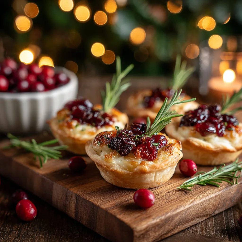 Serving platter of baked cranberry brie cups with rosemary