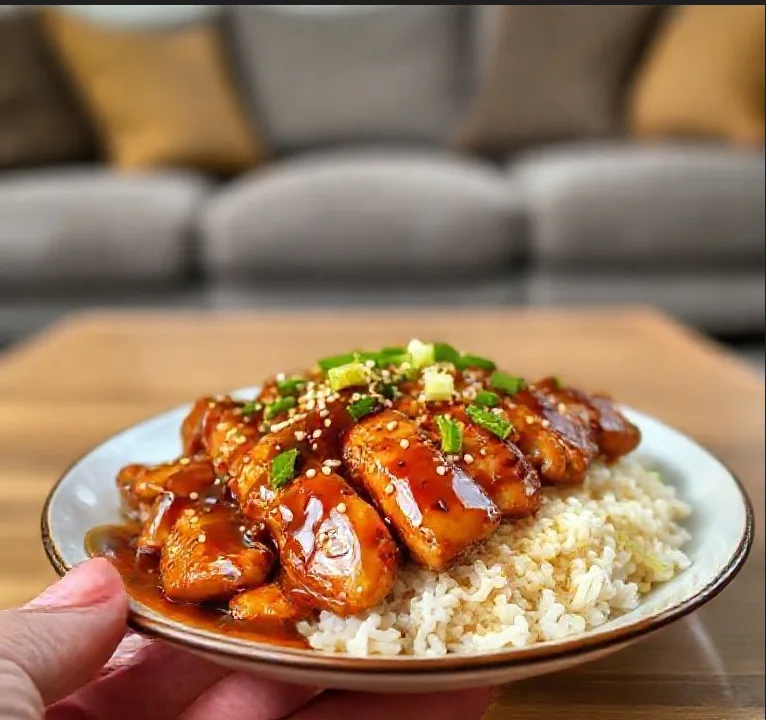 honey garlic chicken crockpot served with rice on dinner plate