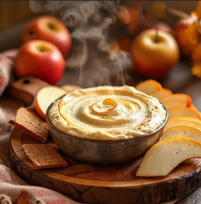 Baked Apple Cheesecake Dip That Steals the Show at Every Fall Gathering 5 serving baked apple cheesecake dip with graham crackers and warm apples