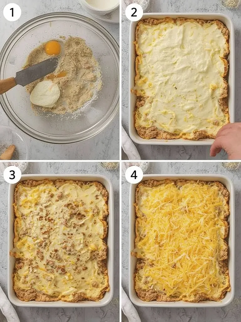 Classic Sausage Egg & Cheese Bake: Your New Favorite Breakfast Casserole! 3 Hands preparing a Classic Sausage Egg & Cheese Bake, showing the layering process.