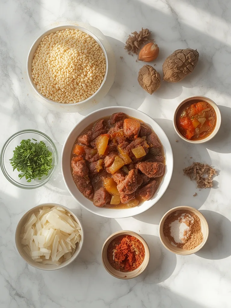 Cold-Day Meal Plan: Slow-Cooker Beef & Barley Stew – Your Cozy Winter Warm-Up! 2 A delightful array of fresh ingredients for Slow-Cooker Beef & Barley Stew, including beef chunks, colorful vegetables, and barley.