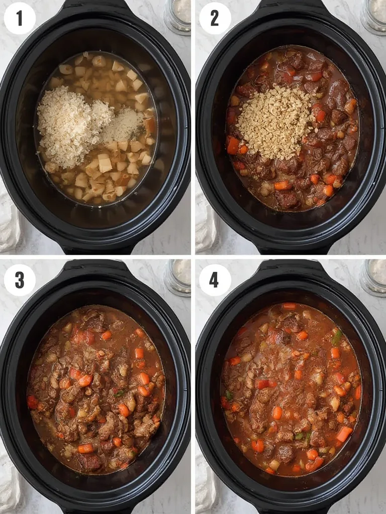 Cold-Day Meal Plan: Slow-Cooker Beef & Barley Stew – Your Cozy Winter Warm-Up! 3 Step-by-step imagery of making the beef and barley stew in a slow cooker, from browning the meat to the final delicious product.