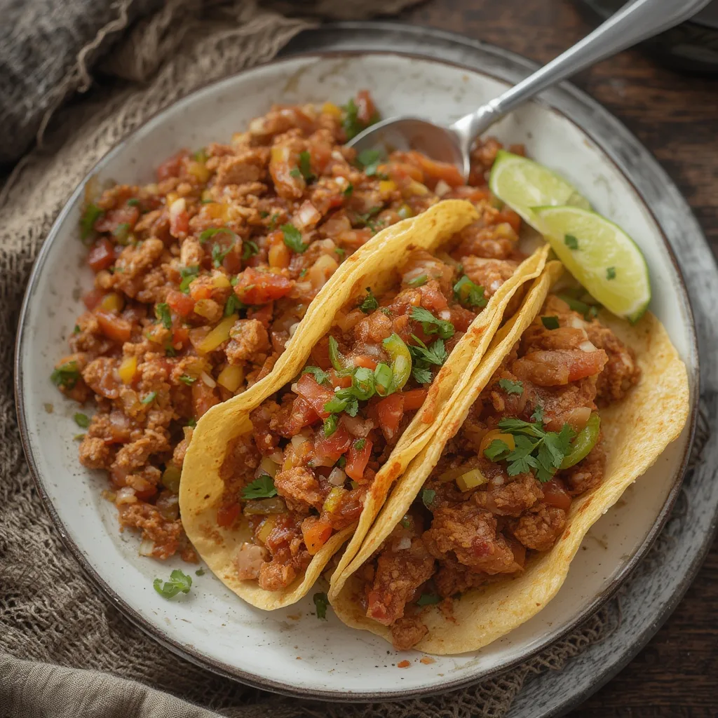 Dump-and-Go Crockpot: Salsa Chicken Tacos 4 A perfectly plated Dump-and-Go Crockpot: Salsa Chicken Tacos ready to eat with fresh toppings and a side of salsa.