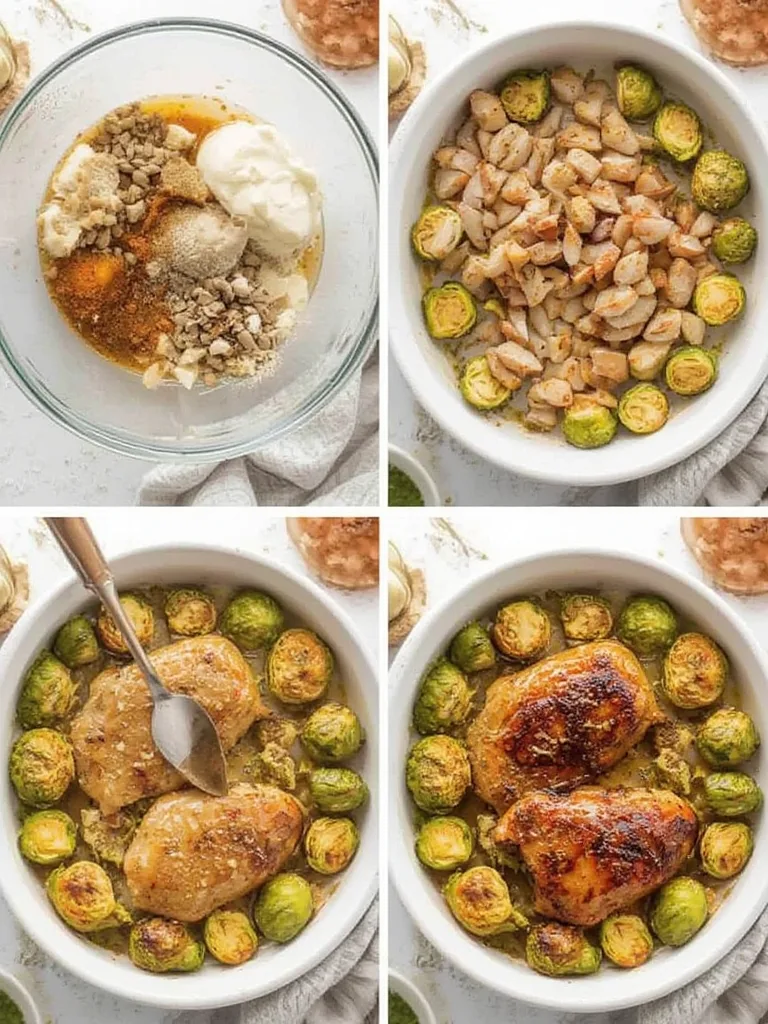 Step-by-step arrangement of ingredients for Maple Glazed Chicken and Brussels Sprouts showing preparation stages.