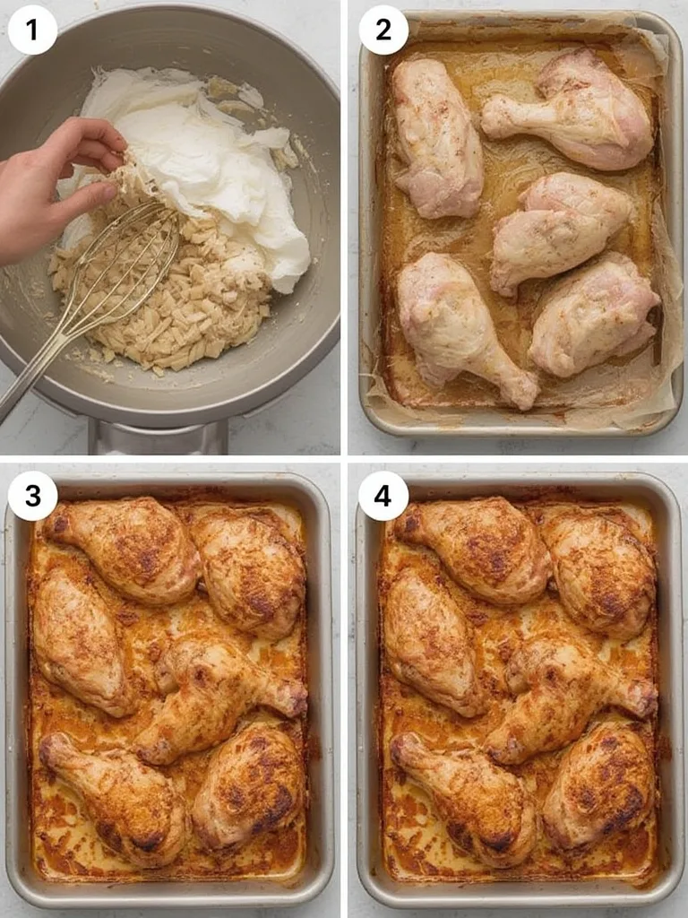 Step-by-step imagery for baking chicken drumsticks, showing seasoning, baking on a rack, and the finished product