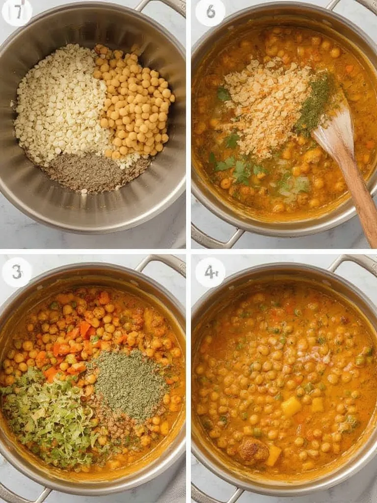 Step-by-step visuals showing the process of making Frugal Meal Plan: $5 Chickpea Curry, from sautéing aromatics to simmering the sauce.