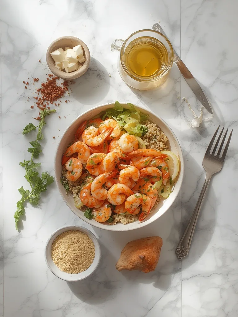 Garlic Shrimp & Quinoa Bowl: Your New Favorite Quick Dinner Idea! 2 A vibrant bowl of Garlic Shrimp & Quinoa Bowl ingredients, including fresh shrimp, uncooked quinoa, chopped garlic, assorted colorful vegetables, and herbs, arranged neatly on a wooden board.
