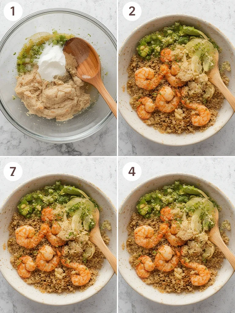 Garlic Shrimp & Quinoa Bowl: Your New Favorite Quick Dinner Idea! 3 Four-panel image showing the step-by-step process of making Garlic Shrimp & Quinoa Bowl: cooking quinoa, sautéing garlic shrimp, chopping fresh vegetables, and assembling the final vibrant bowl.