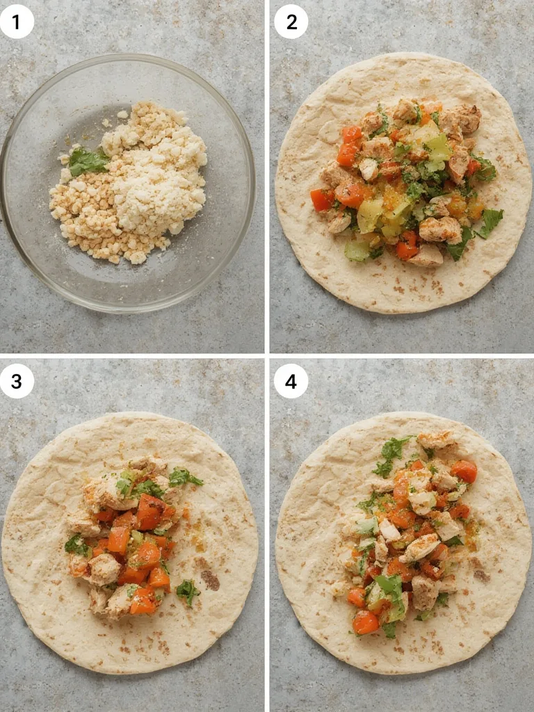 Step-by-step assembly of Greek Chicken Pitas, showing chicken, vegetables, and tzatziki in pita bread.