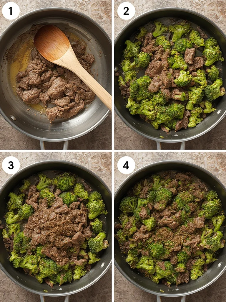 Step-by-step images showing beef being seared, broccoli being added, and the final dish with Healthy Beef & Broccoli