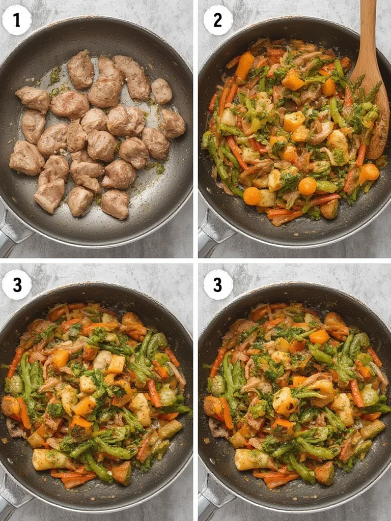 Step-by-step imagery for making Healthy Chicken & Veggie Stir Fry, showing chopped ingredients, cooking in a pan, and a finished plate of stir-fry.