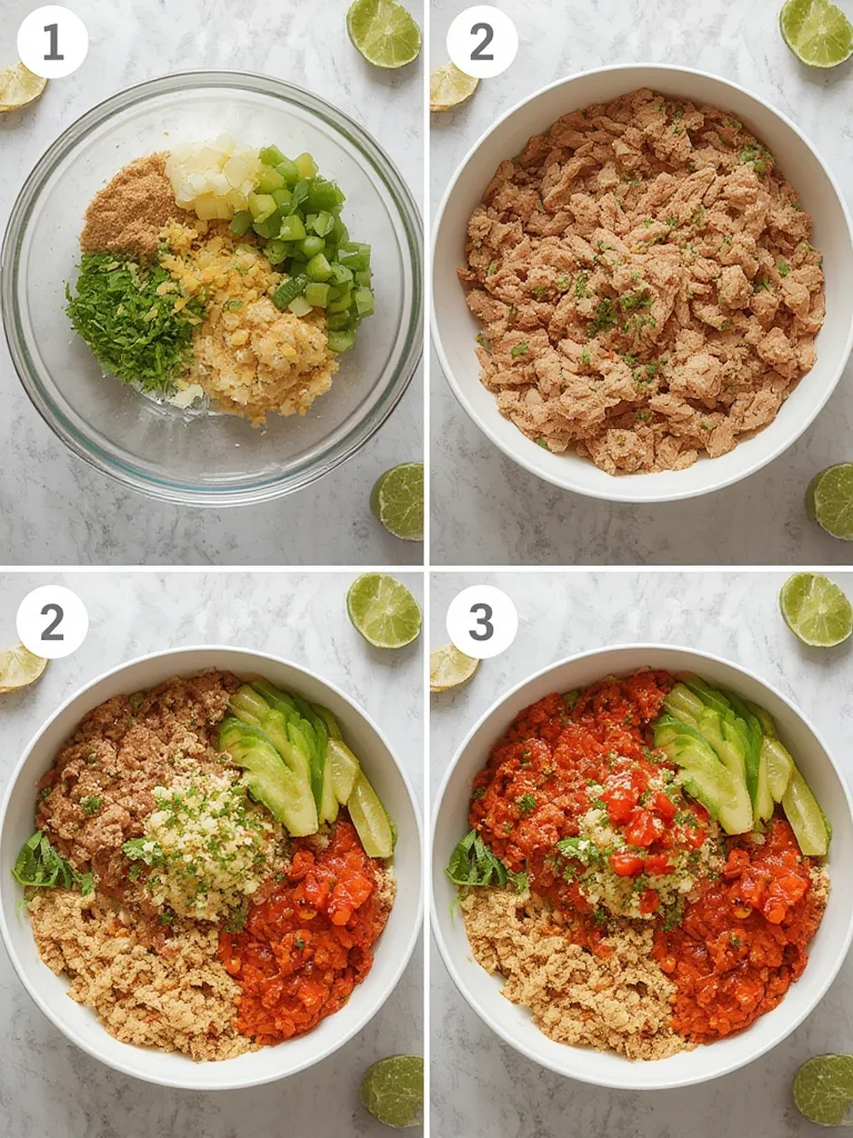 High-Protein Meal Plan: 25g Chili Lime Turkey Bowls 3 Hands preparing ingredients on a kitchen counter, with a printed meal plan template in the background.