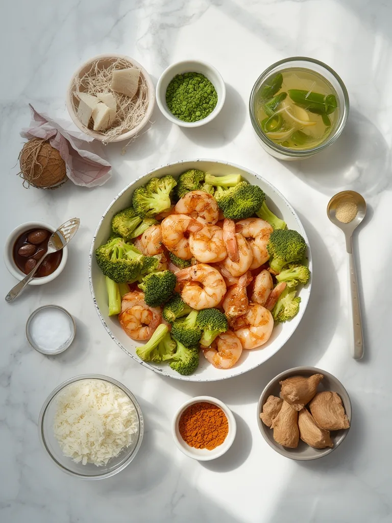 Low-Cal Meal Plan: 15-Minute Garlic Shrimp & Broccoli – Your Easy Weeknight Winner! 2 Ingredients artfully arranged for Low-Cal Meal Plan: 15-Minute Garlic Shrimp & Broccoli, including fresh shrimp, broccoli florets, garlic cloves, olive oil, and lemon wedges.