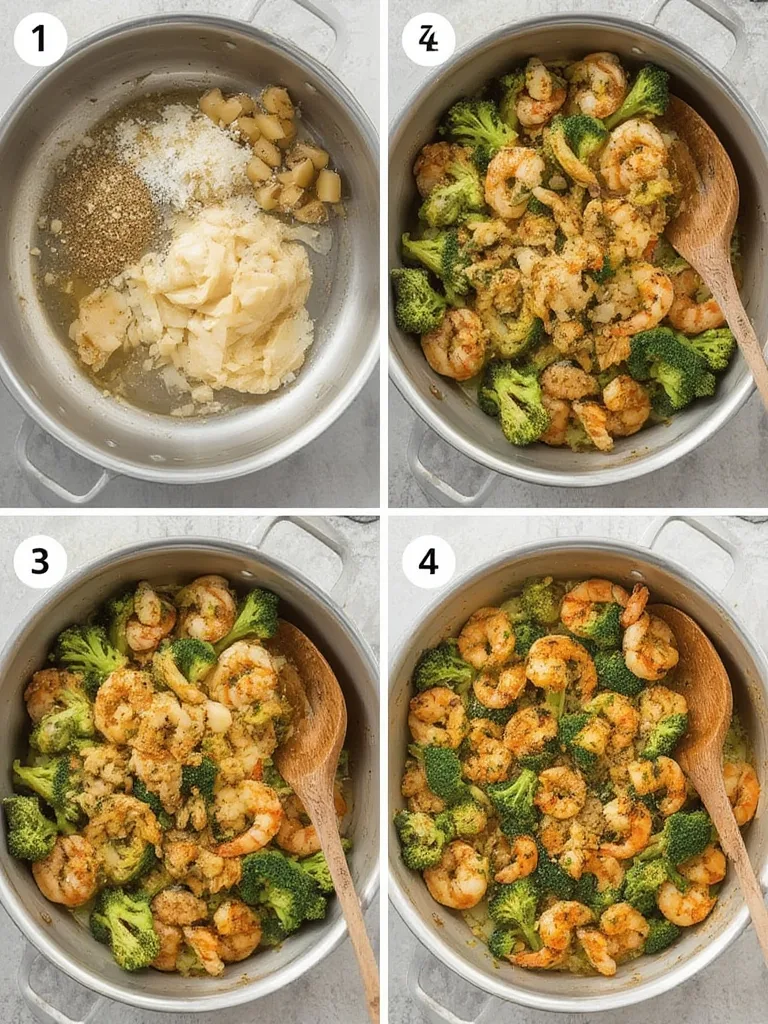 Low-Cal Meal Plan: 15-Minute Garlic Shrimp & Broccoli – Your Easy Weeknight Winner! 3 Step-by-step cooking process for Low-Cal Meal Plan: 15-Minute Garlic Shrimp & Broccoli, showing shrimp and broccoli being stir-fried in a skillet with garlic.