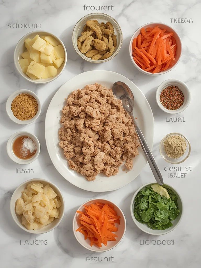 Monthly Meal Plan: Ground Turkey Stir-Fry Rotation - Your Solution to Delicious, Easy Dinners! 2 Ground Turkey Stir-Fry ingredients laid out on a kitchen counter, showing colorful vegetables, ground turkey, and Asian sauces.