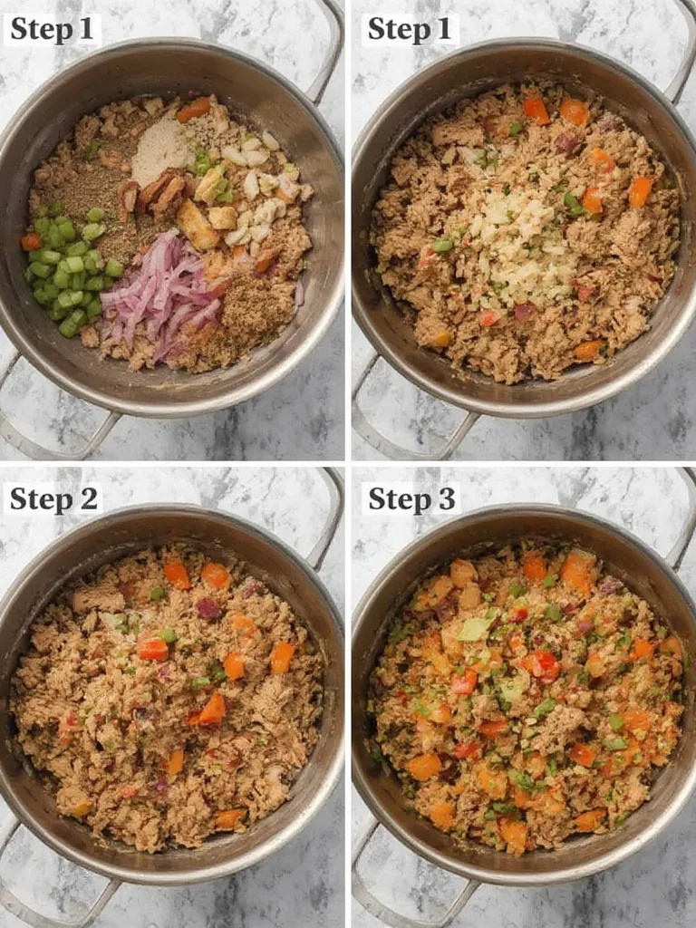 Monthly Meal Plan: Ground Turkey Stir-Fry Rotation - Your Solution to Delicious, Easy Dinners! 3 Step-by-step images for making ground turkey stir-fry, showing browning turkey, adding veggies, and mixing sauce.