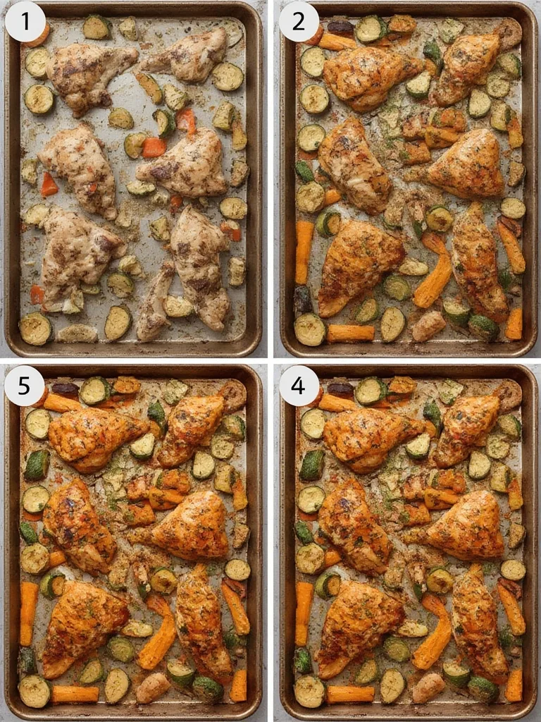 A sequence of photos showing the steps for making Roasted Veggie & Chicken Sheet Pan, from preparing ingredients to the finished roasted meal.