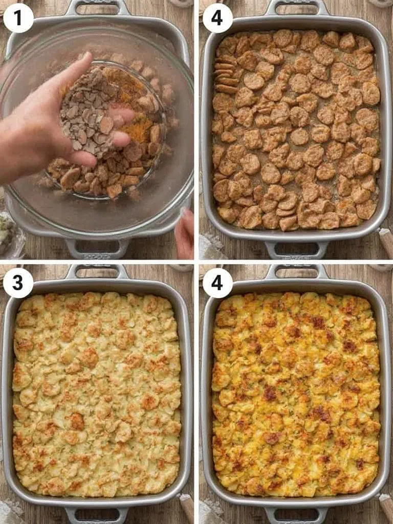 Step-by-step process of preparing Smoked Sausage Potato Breakfast Casserole, showing ingredients being mixed and assembled in a baking dish.