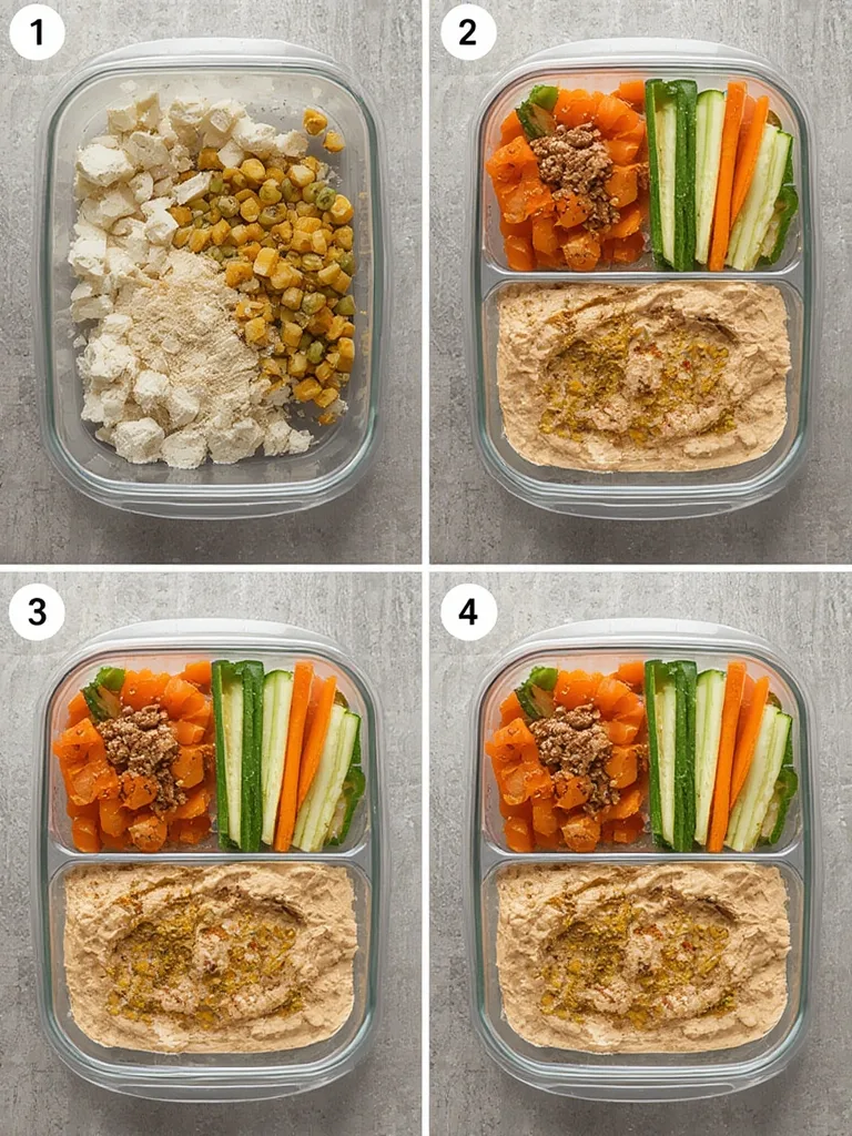 Step-by-step illustrations of preparing and organizing meal prep bento boxes