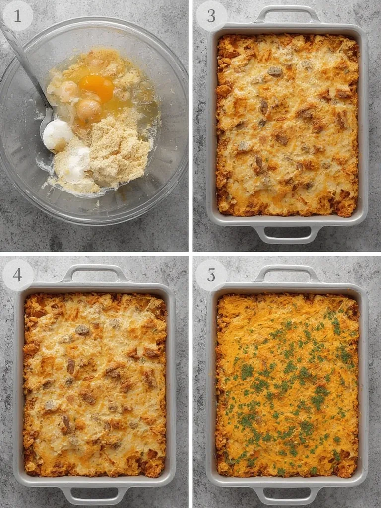 Stages of making Southwestern Breakfast Casserole: browning sausage, mixing ingredients, and casserole baked to perfection.