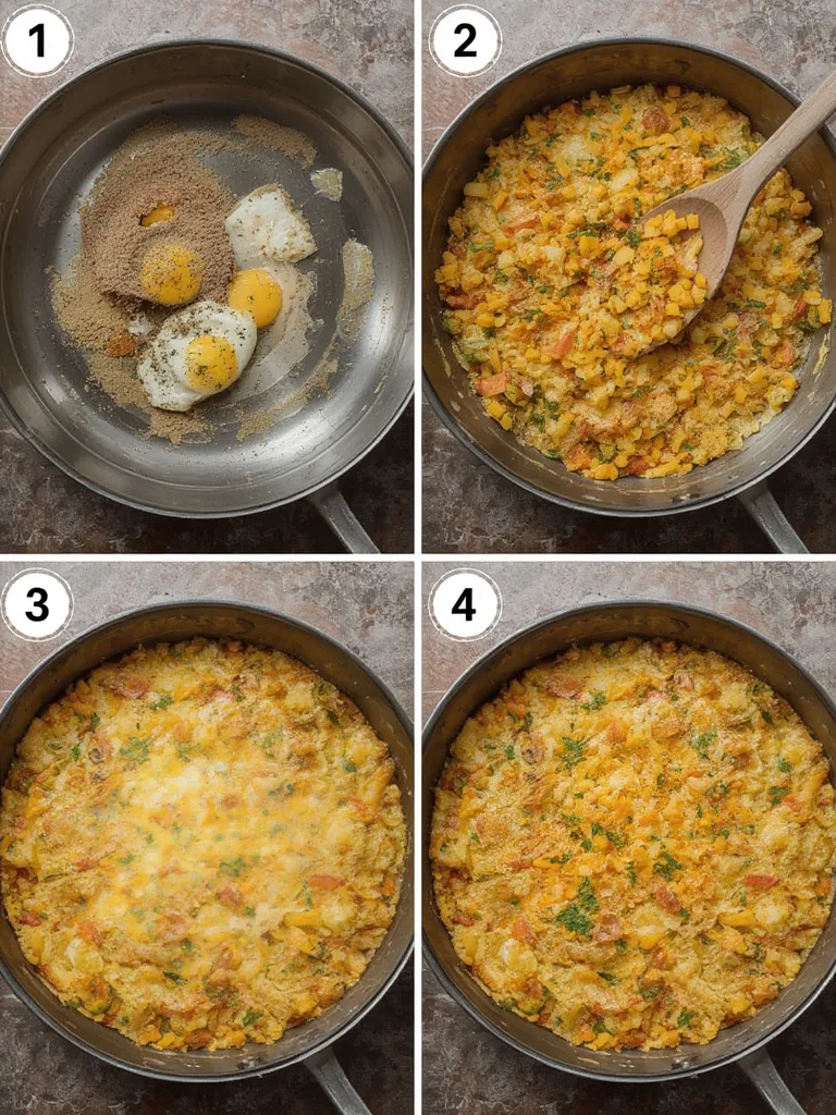 Hands preparing a breakfast casserole in a baking dish