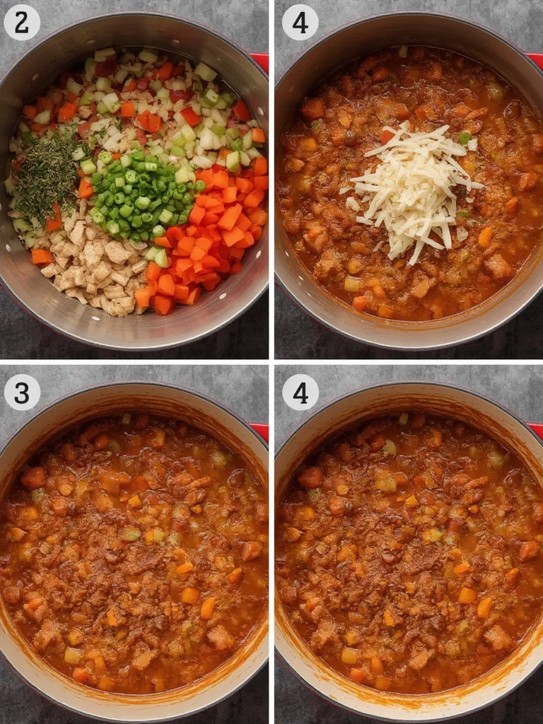 A series of four sequential images showing the process of making Veggie-Loaded Turkey Chili: browning turkey, sautéing vegetables, simmering the chili in a pot, and a finished bowl ready to eat.