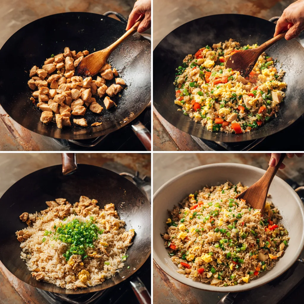 Step-by-step cooking process of Chinese Chicken Fried Rice shown in four panels.