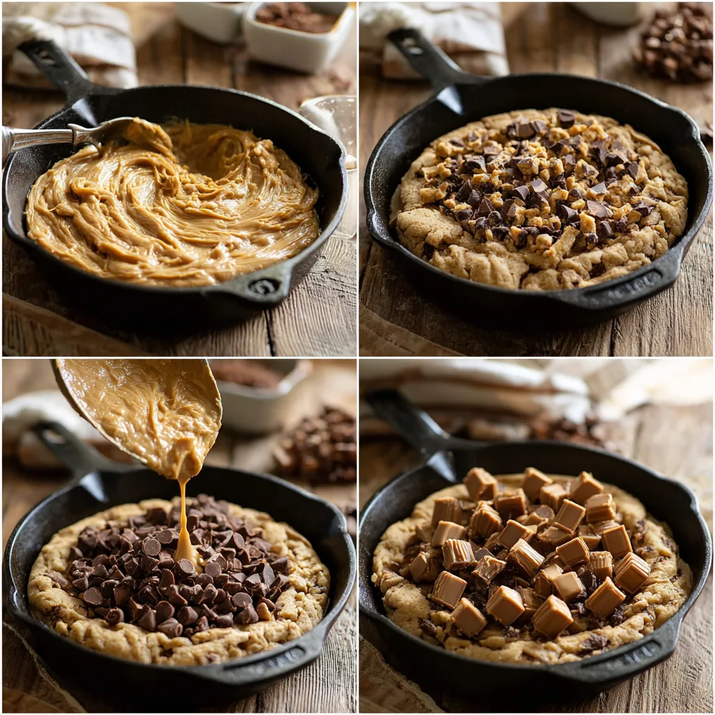 Reeses Skillet Cookie: Irresistibly Gooey (Homemade Reeses Cups Inspired!) 3 Step-by-step making a Reeses Skillet Cookie in four panels