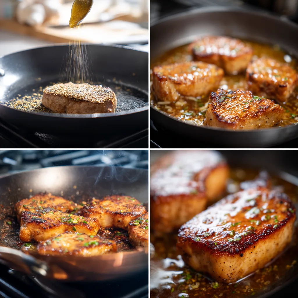 Step-by-step Honey Garlic Pork Chops cooking process in 4 panels