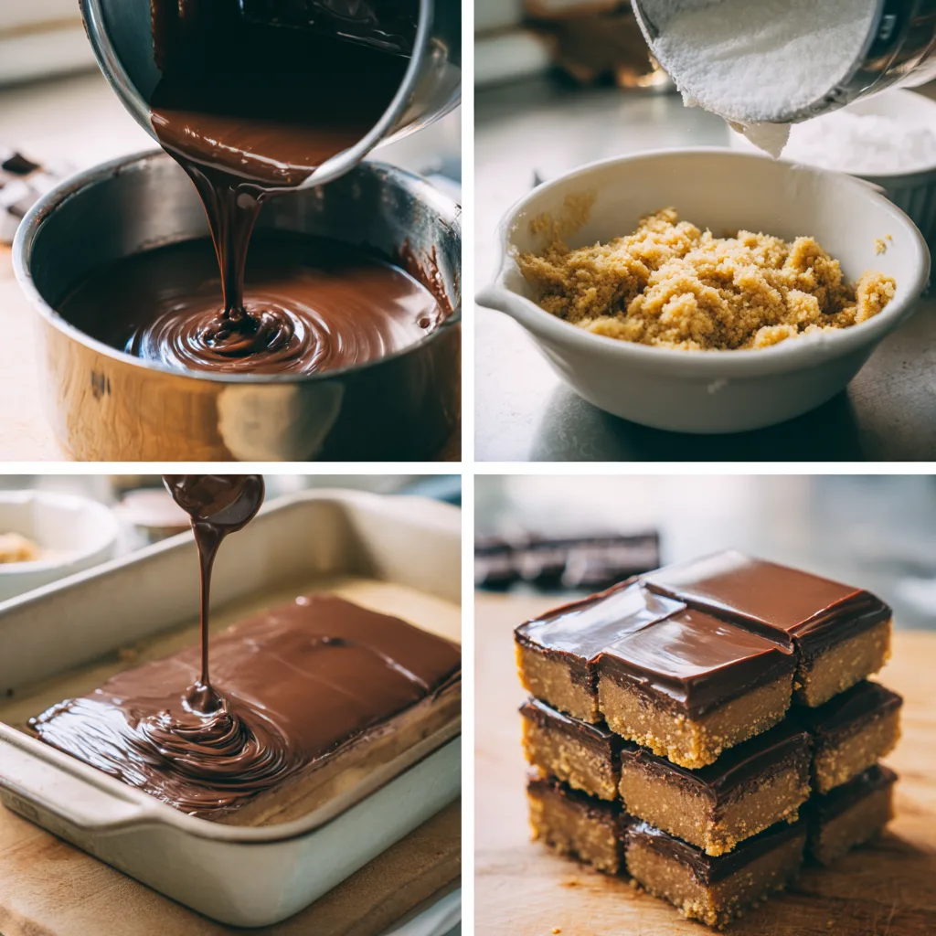 Chocolate Peanut Butter Fudge Bars: Creamy Indulgence Better Than Homemade Reeses Cups 3 Chocolate Peanut Butter Fudge Bars step by step process in 4 panels