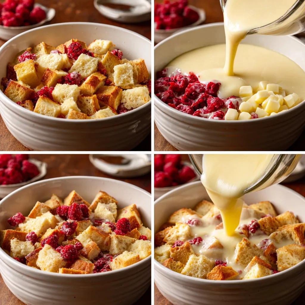 Step-by-step process of making White Chocolate Raspberry Bread Pudding