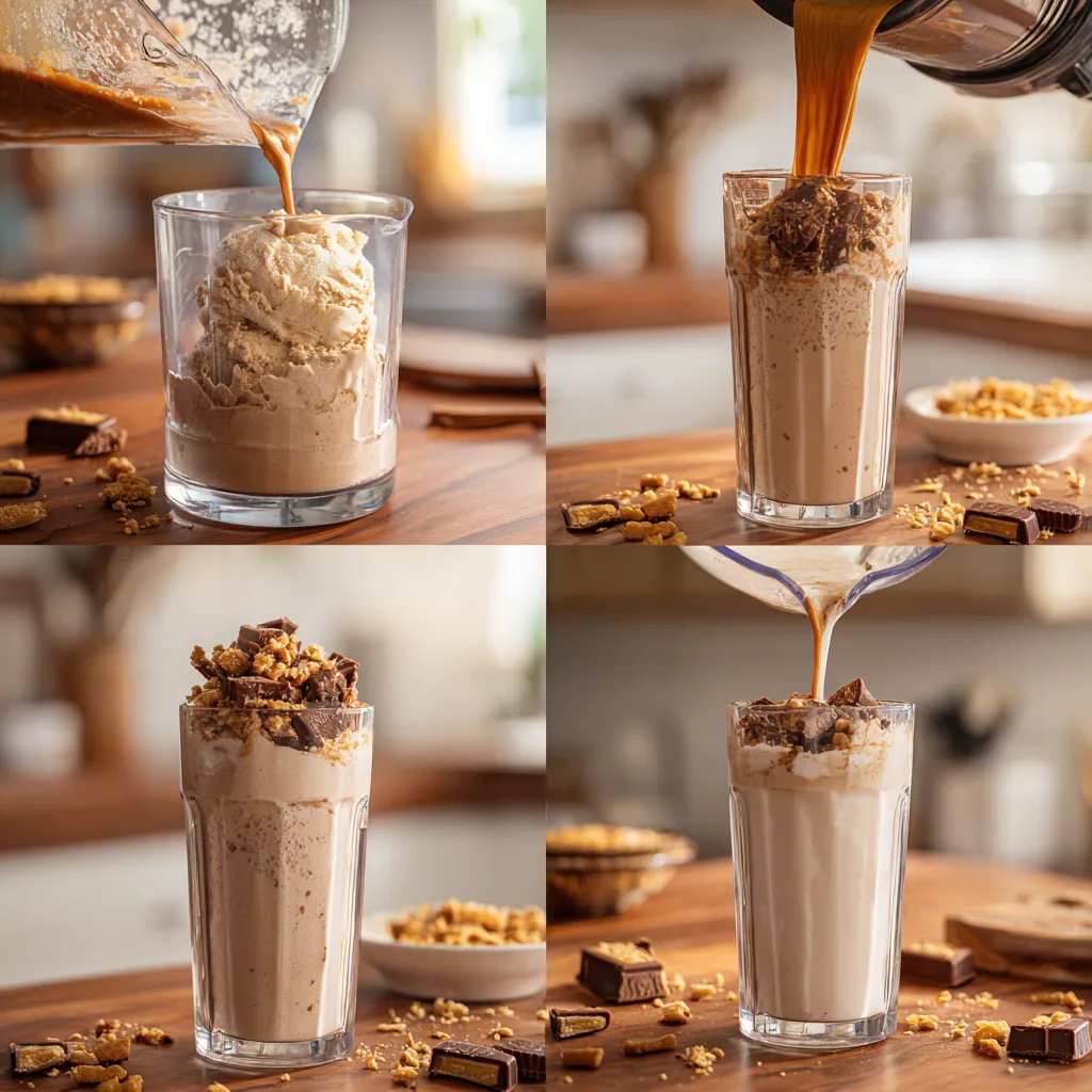 Step-by-step 4 panel showing how to make a Reeses Cup Milkshake