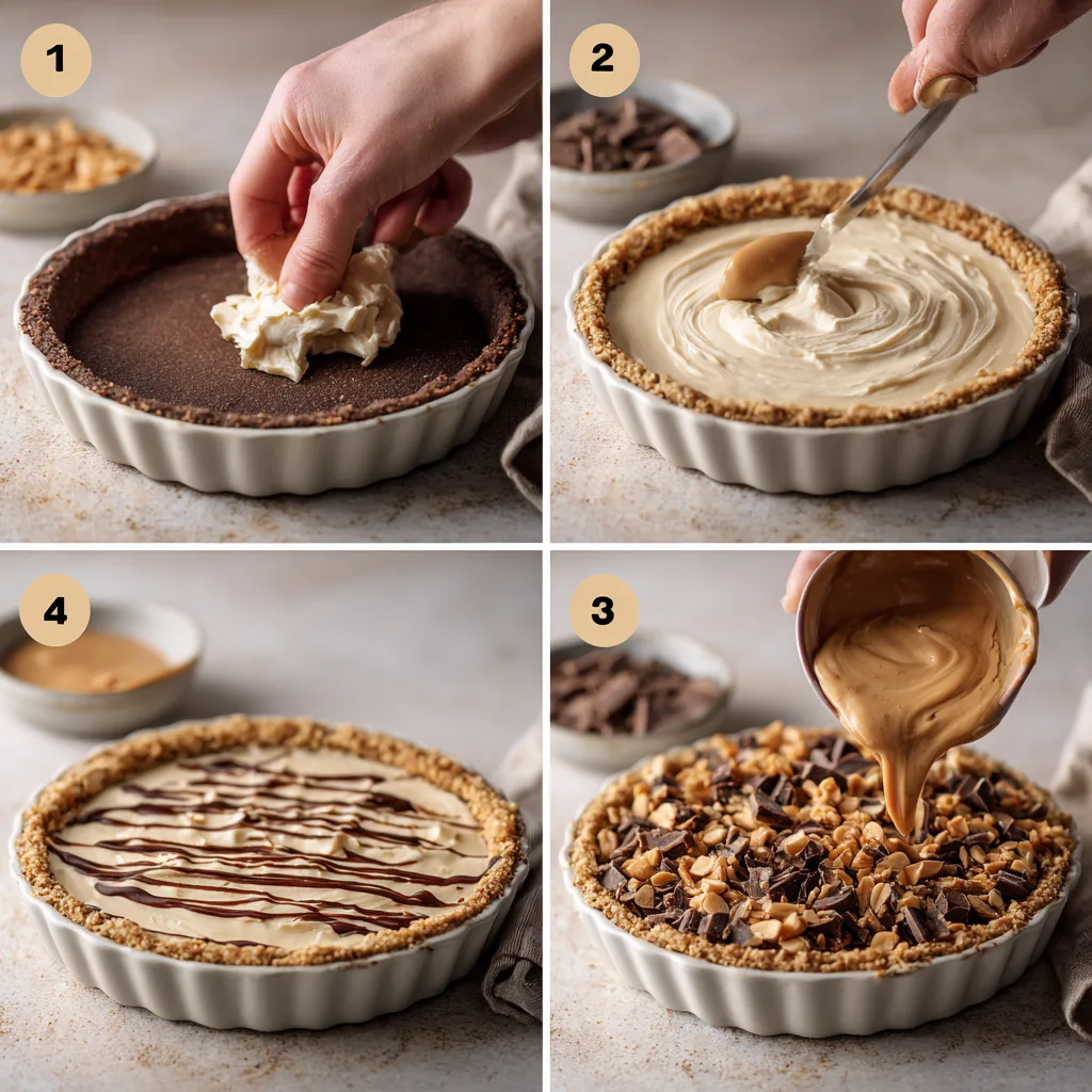 step by step how to make no-bake peanut butter cup pie