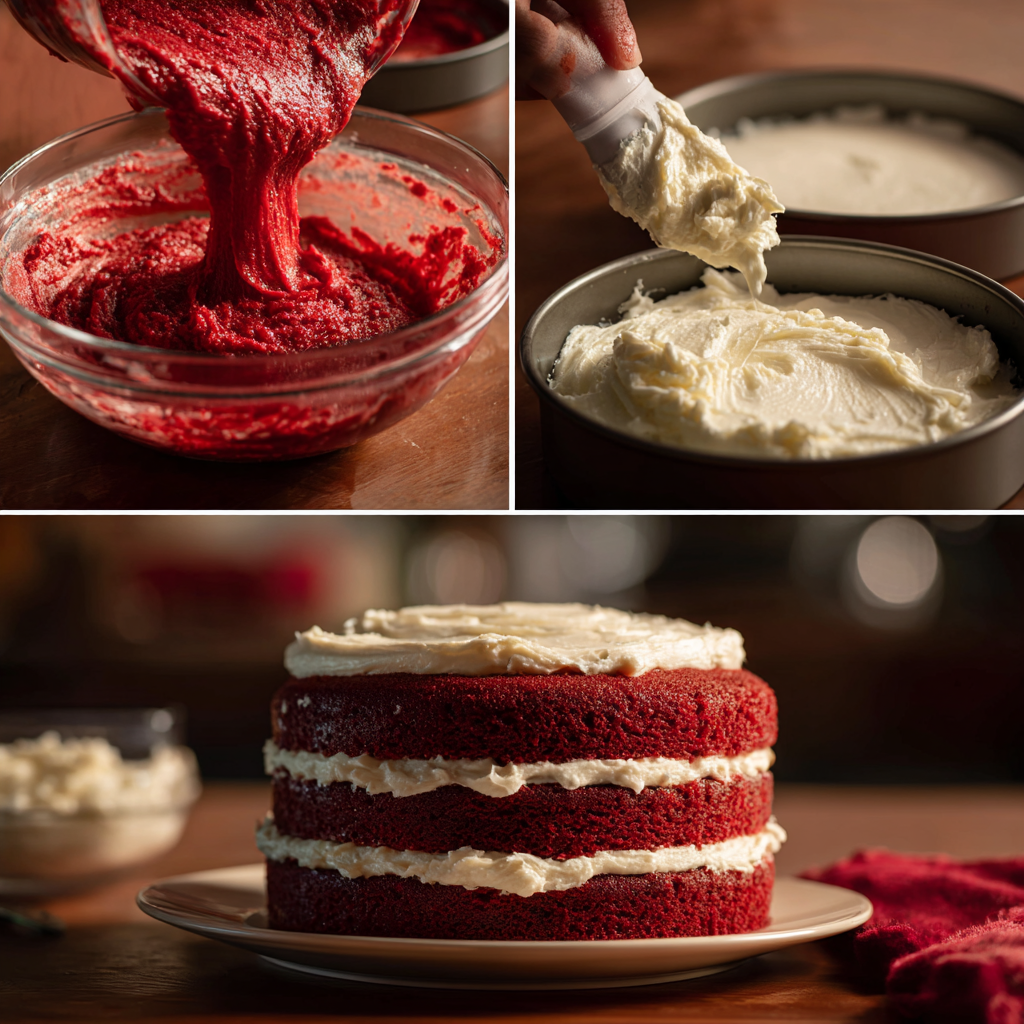 Step-by-step red velvet cake recipe collage with frosting and baking process