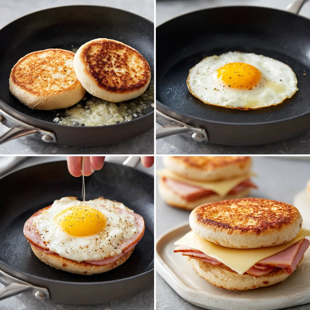 Step-by-step how to make an egg and ham breakfast sandwich