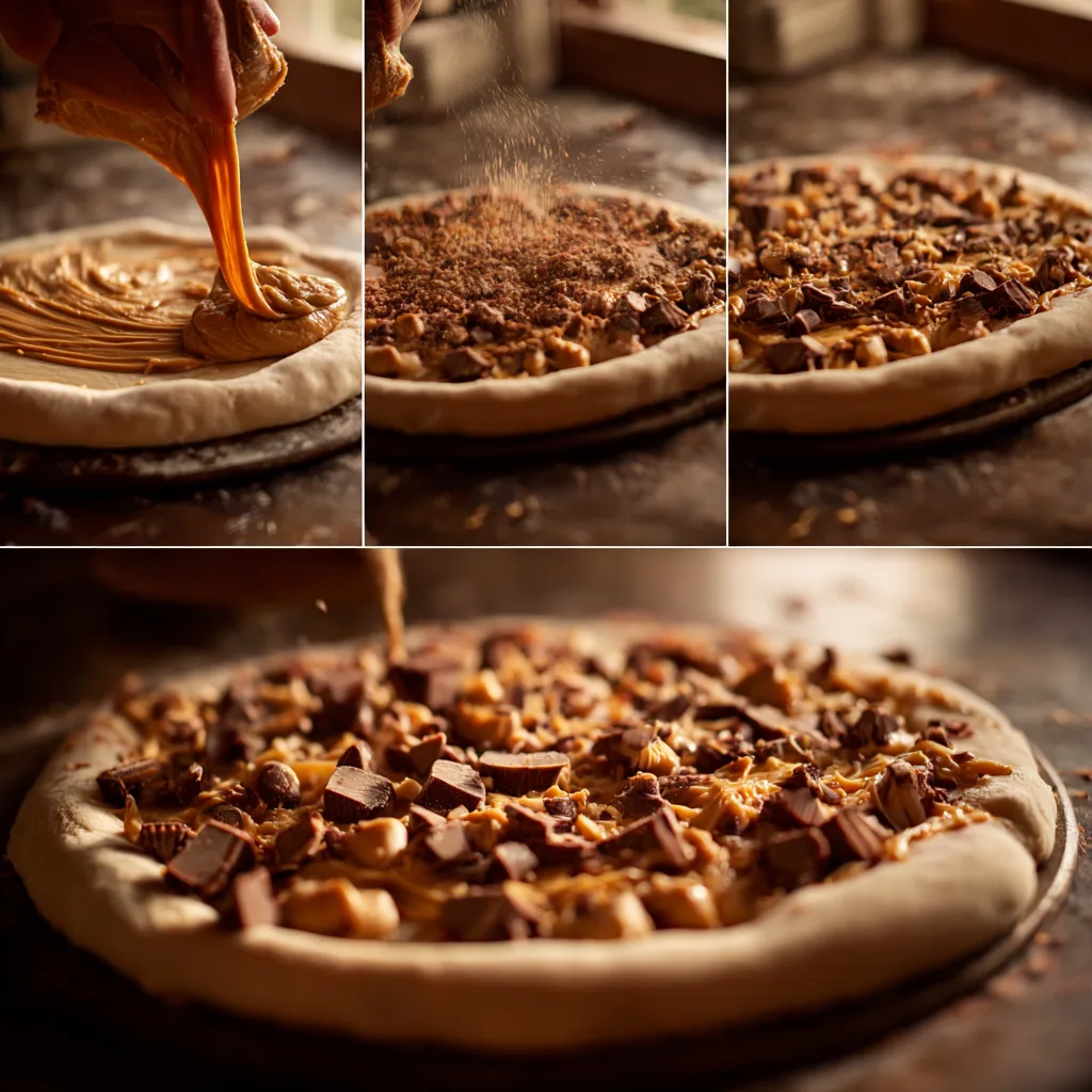 Step-by-step process of making Reese’s Dessert Pizza in four panels