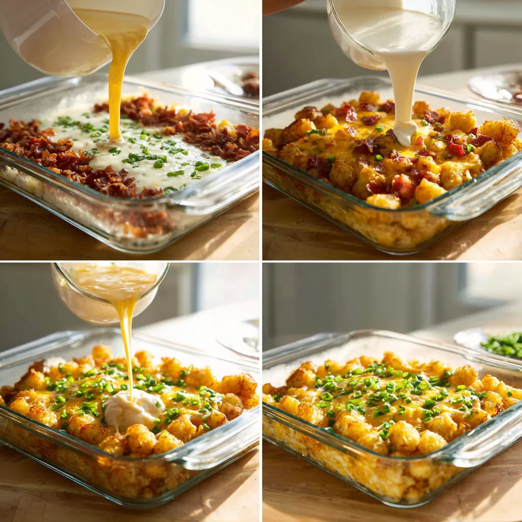 Step-by-step photos showing how to make Cracked Out Tater Tot Breakfast Casserole.