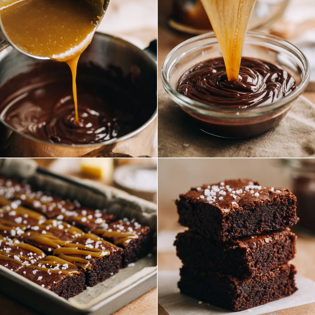 Step-by-step molten salted caramel brownie recipe in 4 stages – mix, pour, bake, serve.