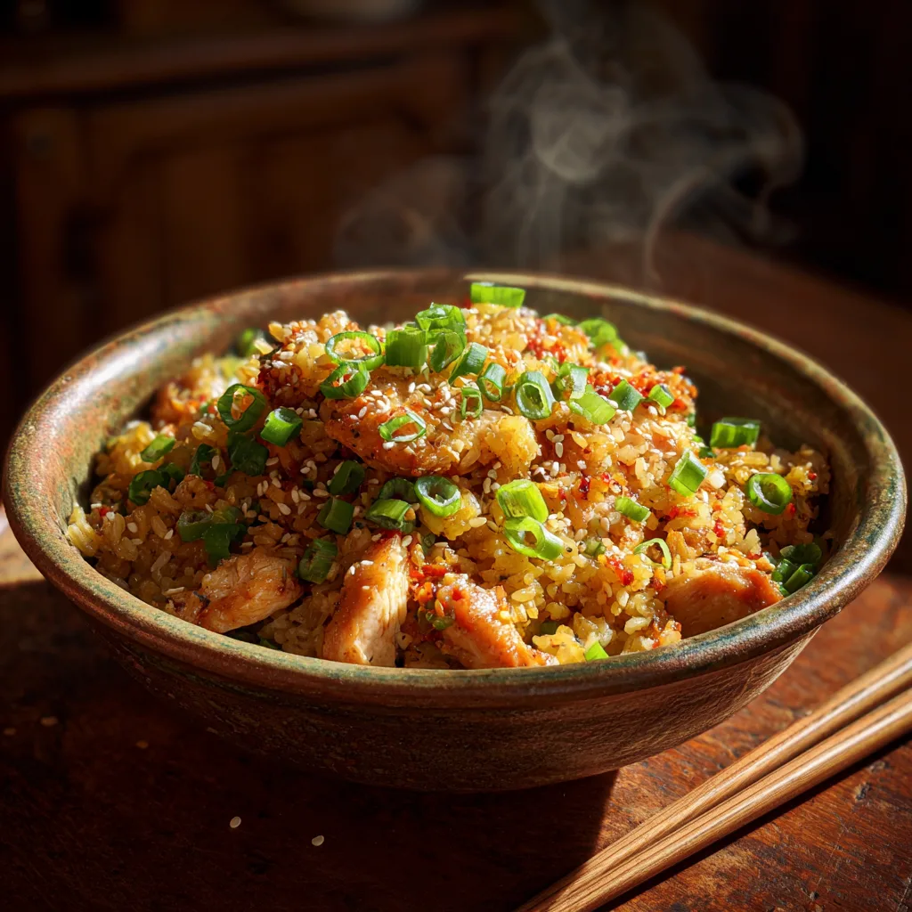 Delicious Chinese Chicken Fried Rice served hot in a home kitchen setting.