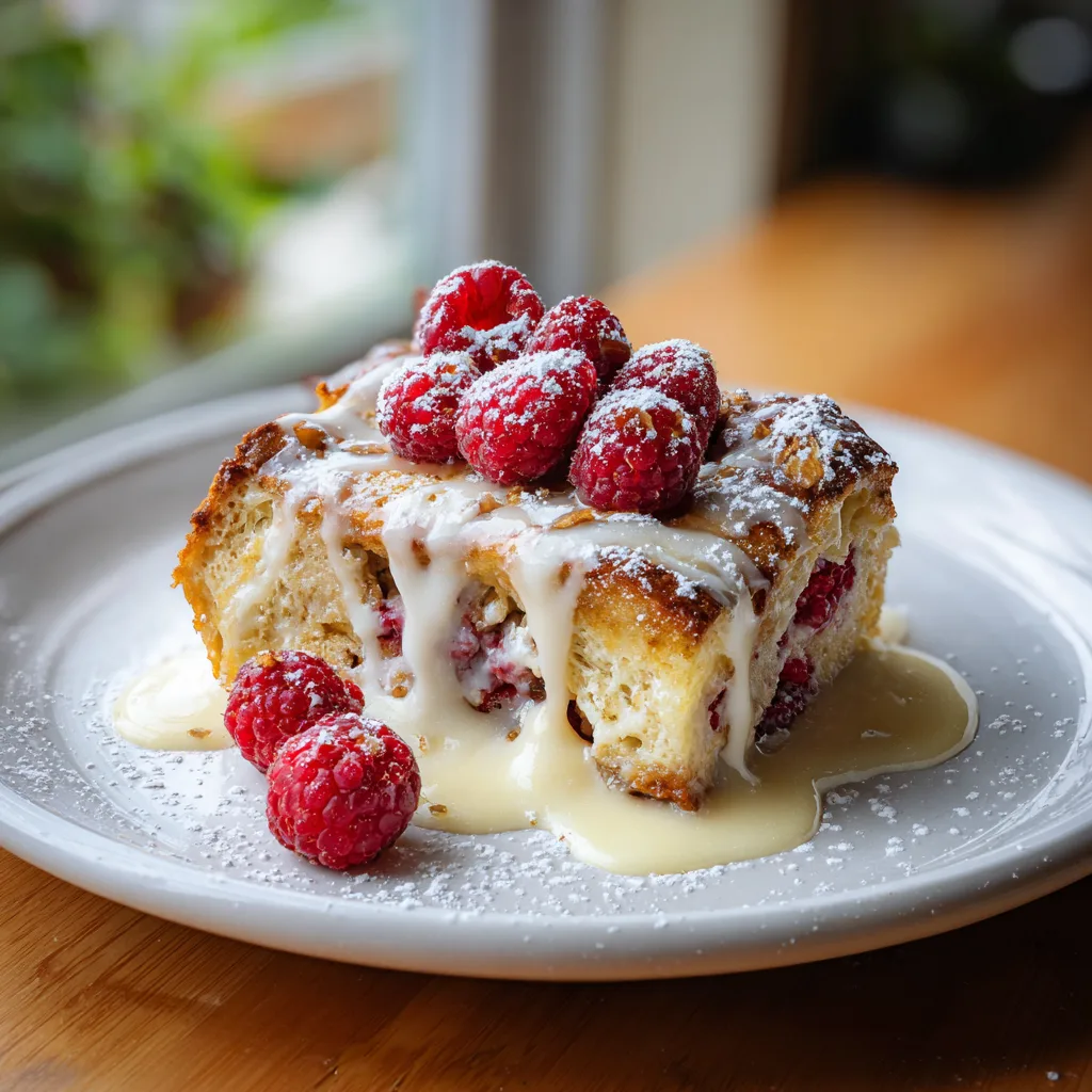 Serving of warm White Chocolate Raspberry Bread Pudding with raspberries