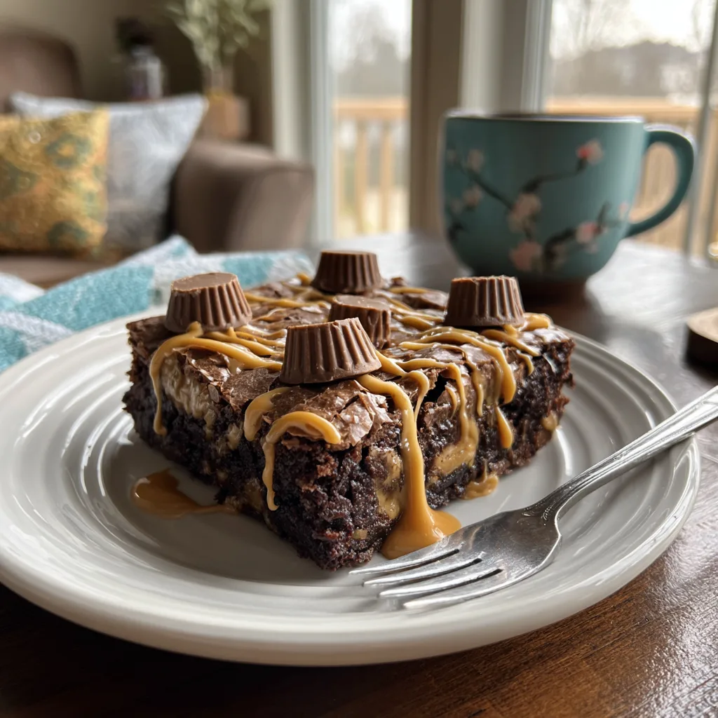 Served slice of Reese’s Cup Fudge Brownies with peanut butter drizzle