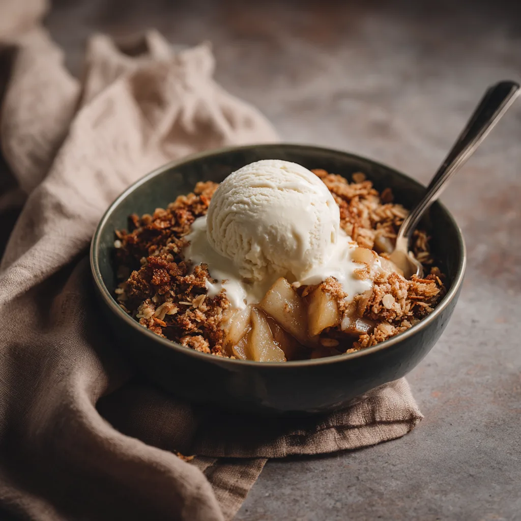 Served warm Spiced Pear Crisp with ice cream (Spiced Pear Crisp)