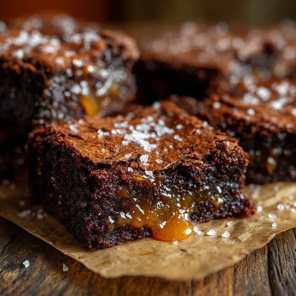 Molten Salted Caramel Brownies – gooey fudgy brownies with melted caramel and sea salt.