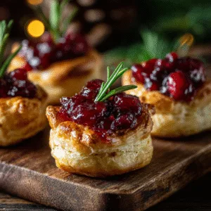 Mini Cranberry Brie Bites with Puff Pastry served on a rustic table — festive holiday appetizer.