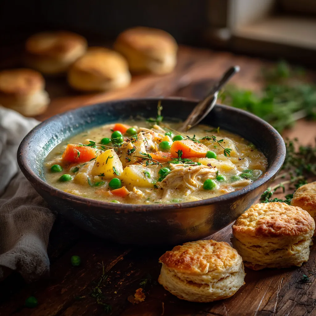 Chicken Pot Pie Soup Recipe – creamy homemade comfort soup with vegetables and biscuits