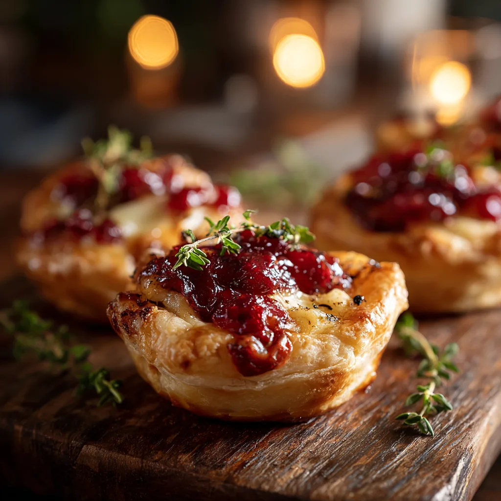 Ingredients for Cranberry Brie Tartlets with Thyme on wooden table