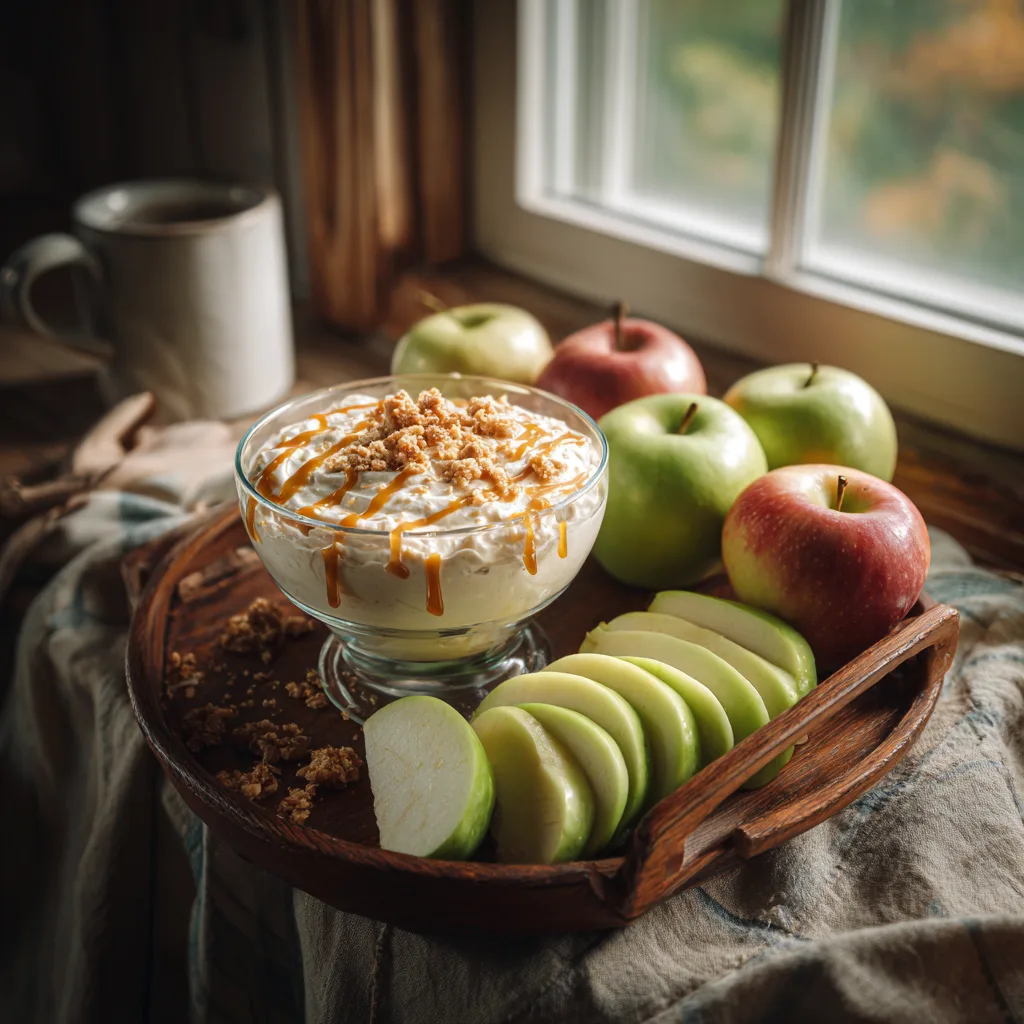 Cream Cheese Caramel Apple Dip served with fresh sliced apples for Thanksgiving dessert