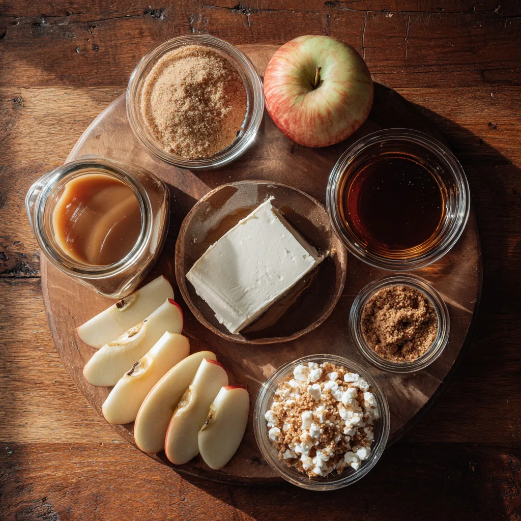 Ingredients for Cream Cheese Caramel Apple Dip on wooden surface