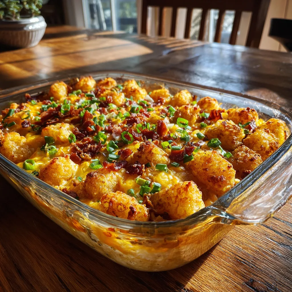 Cracked Out Tater Tot Breakfast Casserole fresh from the oven with melted cheese and bacon.
